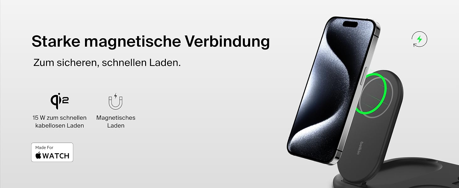 Зарядний пристрій Belkin BoostCharge 3-в-1 з підтримкою MagSafe Qi2, 15 Вт, складаний підставка для iPhone, Apple Watch, AirPods, з адаптером живлення – Чорний