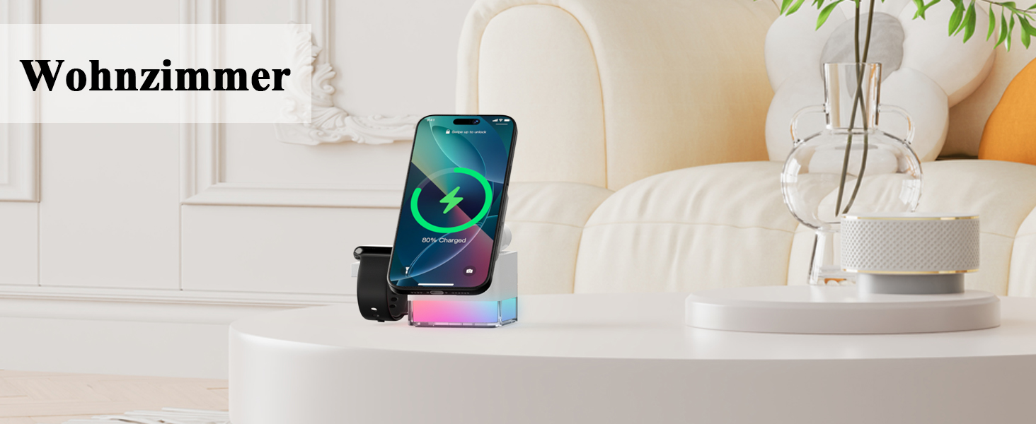 Бездротова зарядна станція 3-в-1 Minthouz Cube, швидка зарядка Qi 15W з багатокольоровою підсвіткою для iPhone 16, 15, 14, 13