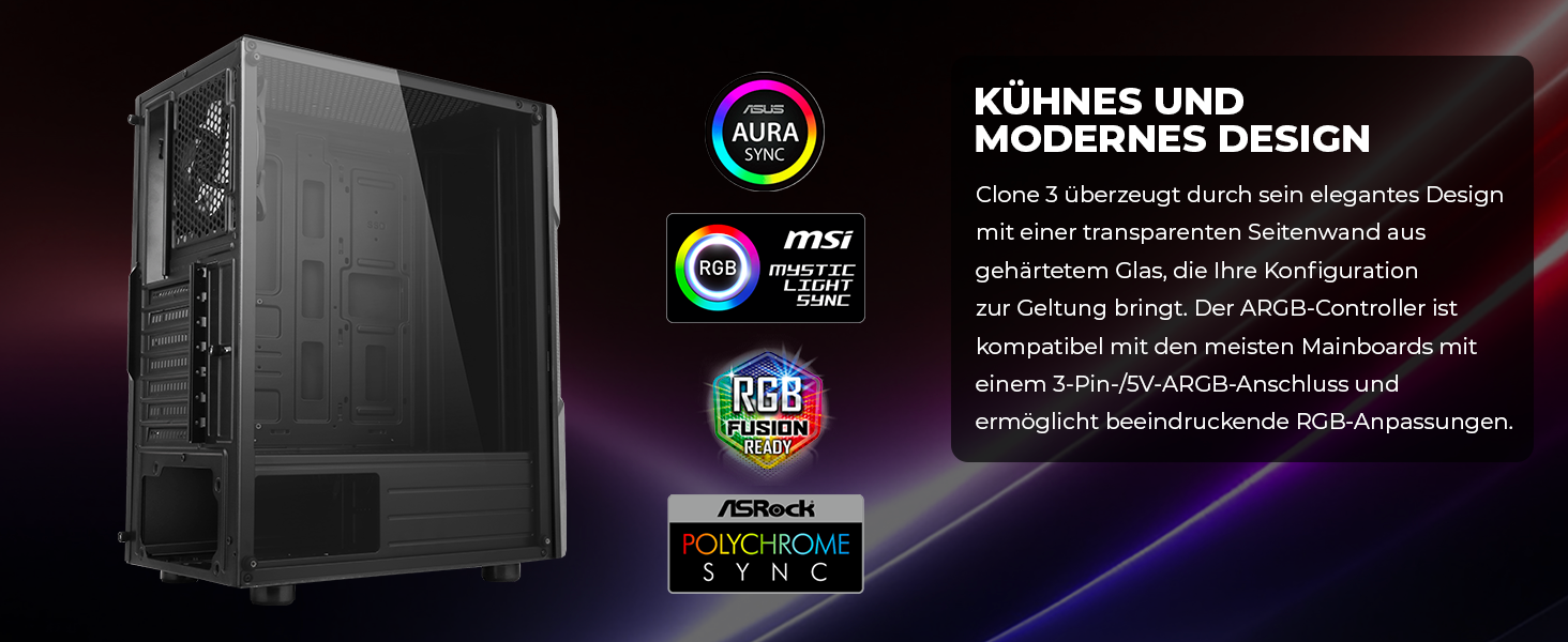 Комп'ютерний корпус Spirit of Gamer Gamer Clone III з RGB підсвічуванням - ATX/mATX/ITX Tower з металевою передньою панеллю та скляною бічною панеллю