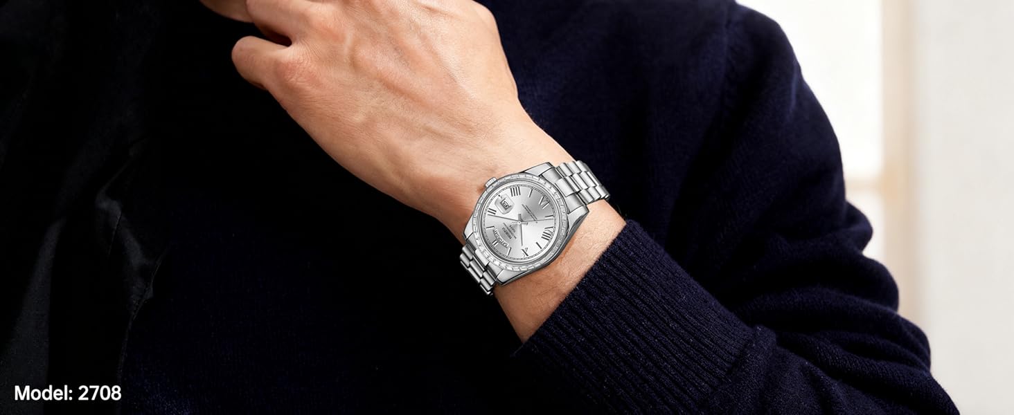 Годинник NIBOSI для чоловіків: аналоговий кварцовий годинник з діамантовою лускою, сталевий циферблат рожевого золота, водостійкий бізнес-класичний годинник з датою та днем тижня, срібно-блакитний колір