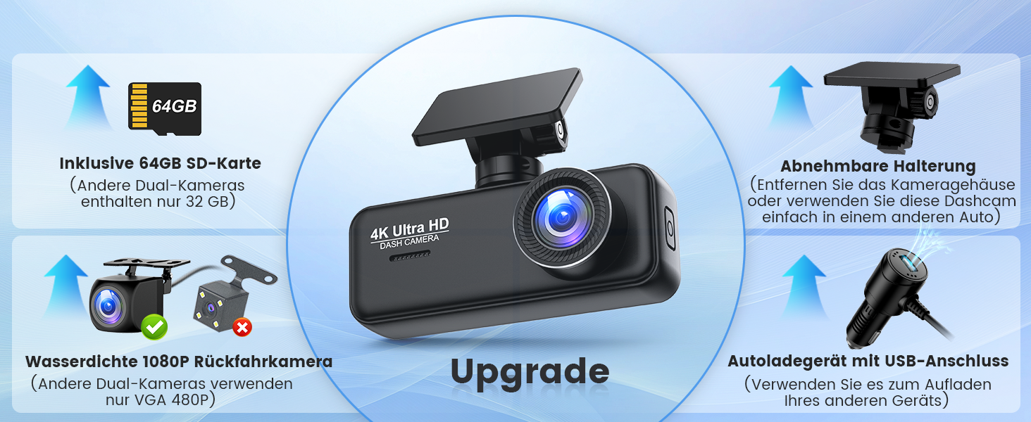 Відеореєстратор SIGRILL Dashcam Auto 4K+1080P з Wi-Fi, двоканальний, з карткою 64GB, нічне бачення, паркувальний режим, G-сенсор, запис по колу, підтримка до 256GB