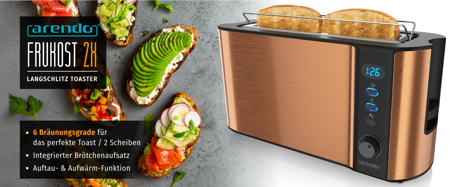 Тостер Arendo Automatik з широкими прорізами, функція розморожування, теплоізоляційне подвійне покриття, вбудований підставка для тостів, висувна шухляда для крихт, сертифікат GS, матеріал: мідь