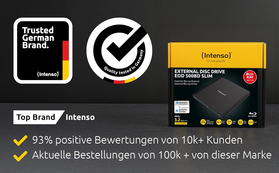 Зовнішній CD/DVD привід Intenso EOD 400D Slim, USB 3.2, для ноутбука та ПК, кабель USB-C та USB-A, Plug & Play для Windows та MacOS, чорний