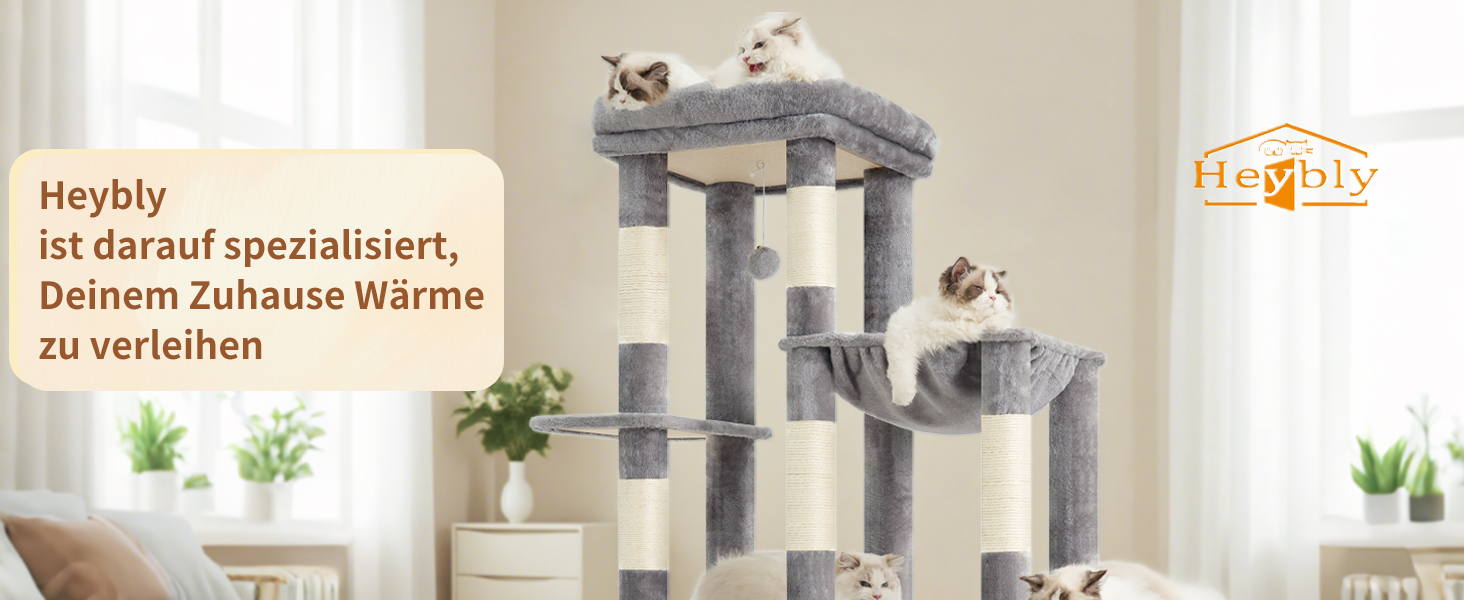 Дерев'яний будиночок для котів Heybly Kratzbaum 120см - великий котячий комплекс з міцною основою, багатоярусні м'які меблі, когтеточка, гамак та іграшка, сірий HCT026W