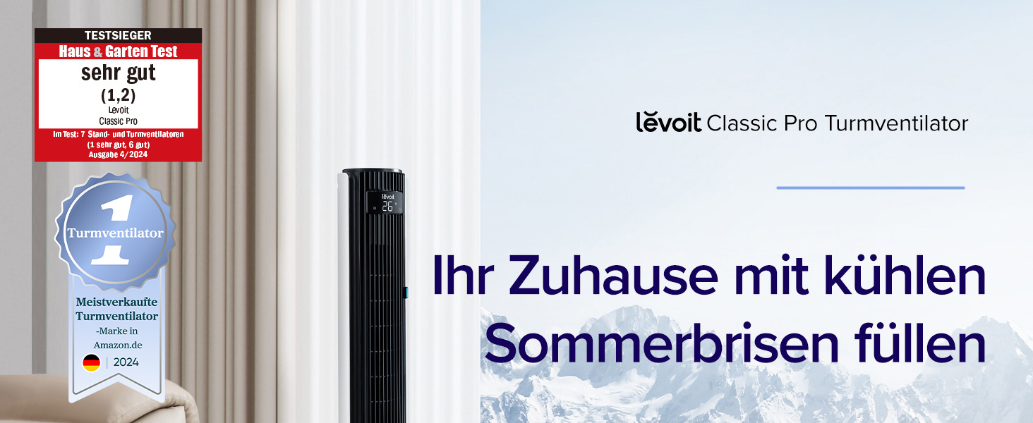 Вентилятор Levoit - Турбовентилятор з охолодженням, з пультом керування, з режимом сну, 5 швидкостей, 4 режими, таймер 12 годин, сірий, висота 92 см