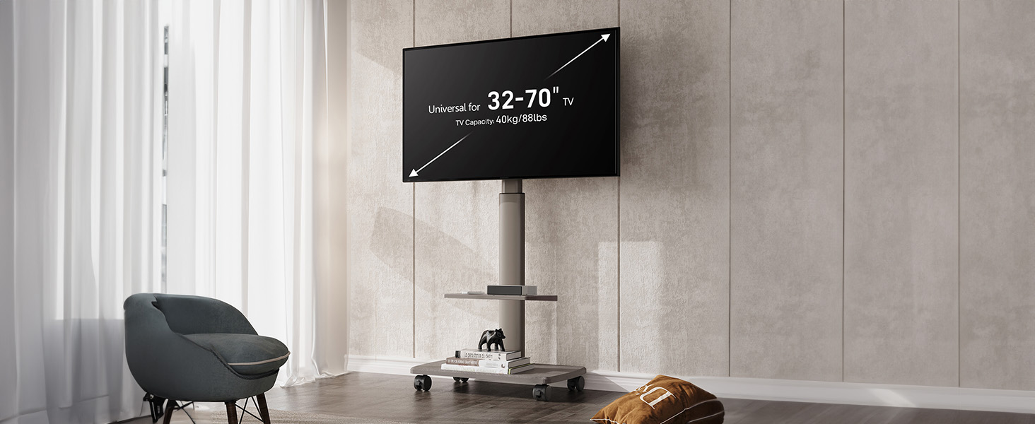 FITUEYES Rolling TV Stand with Wood Shelf - Adjustable Height & Swivel - Fits 32-70 inch TVs up to 40kg, VESA 400x600 - White (Khaki)