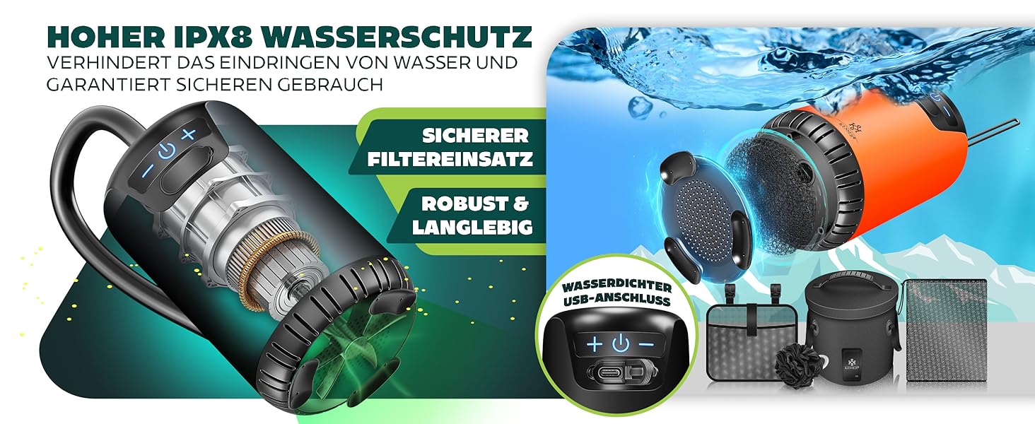 Сонячний душ KESSER® з насосом та акумулятором 8000mAh, 20л, антрацит/чорний - портативний душ для кемпінгу з комплектом (шланг 2м, лійка, пістолет)