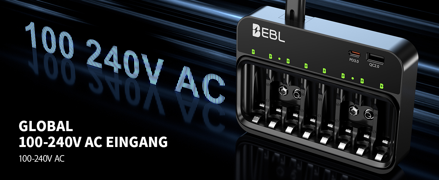 Зарядний пристрій EBL для акумуляторів AA, AAA, 9V, сумісний з NI-MH, USB-C PD3.0 та Micro USB, швидка зарядка