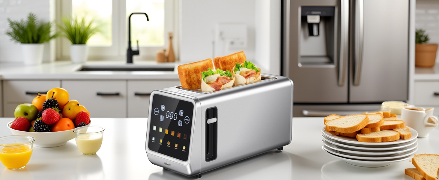 Тостер Yabano на 4 підсмажувальні позиції з сенсорним екраном та функцією пам'яті, технологією Single-Slice, таймером, функціями розморожування та підігріву, з нержавіючої сталі, 6 рівнів підсмажування, 5 програм для хліба