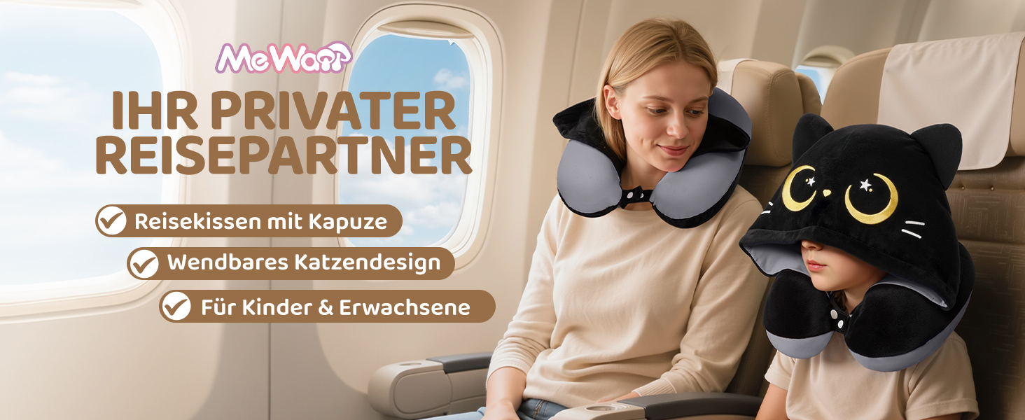 Подушка для шиї Mewaii з капюшоном, двостороння, для дітей та дорослих, дизайн котика, захист приватності, м'яка піна з пам'яті сірої кольорової гами