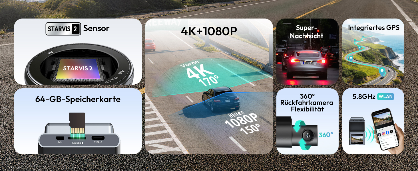 Автомобільний відеореєстратор BOTSLAB G300H Plus Kit 4K, передня та задня камери, сенсор STARVIS 2, з Hardwire-Kit та карткою пам'яті 64GB