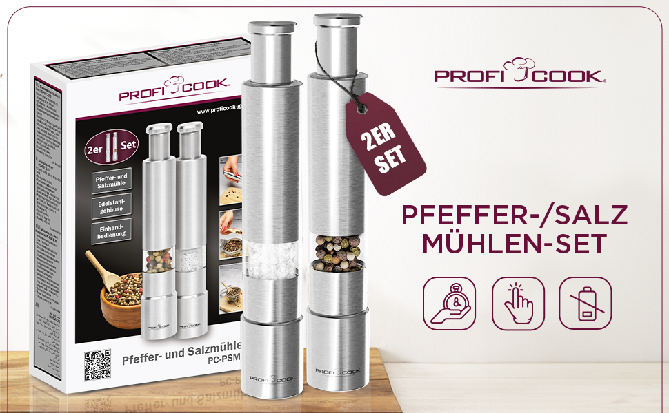 Набір для солі та перцю ProfiCook® PSM 1160: 2 шт., з механічним млином, з нержавіючої сталі