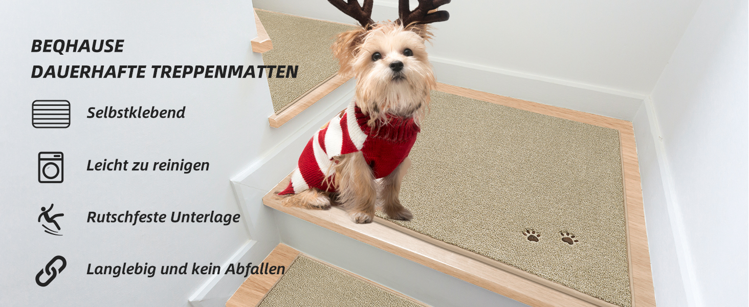 BEQHAUSE Non-Slip Stair Treads - 15 Piece Set, Washable Carpet for Stairs - Safe for Kids, Seniors & Pets, 22x70cm, 100% Polyester with TPE Backing