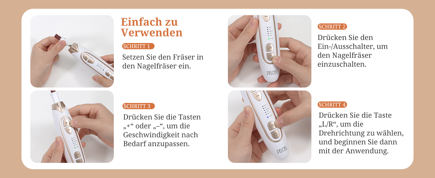 Електричний фрезер для ніг PELCAS з LCD дисплеєм: професійний набір для манікюру та педикюру, акумуляторний, для товстих нігтів та кутикули, біле золото