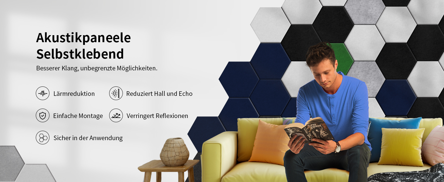 Акустичні гексагональні панелі для шумоізоляції самоклеючі, 24 шт (1.4м²), 230кг/м³, NRC 0.95, 100% поліестер, колір порцеляново-білий