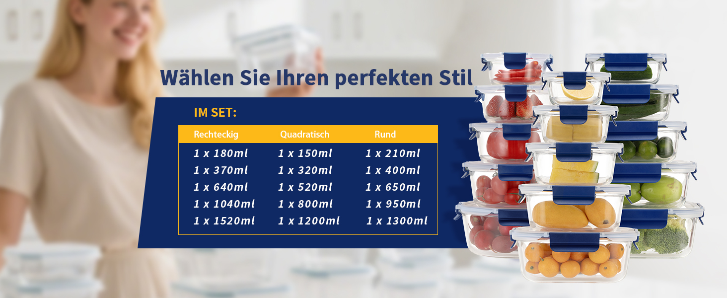 Набір скляних контейнерів для зберігання їжі, 10 шт., з кришками з преміум-пластику, герметичні, BPA-free, блакитні