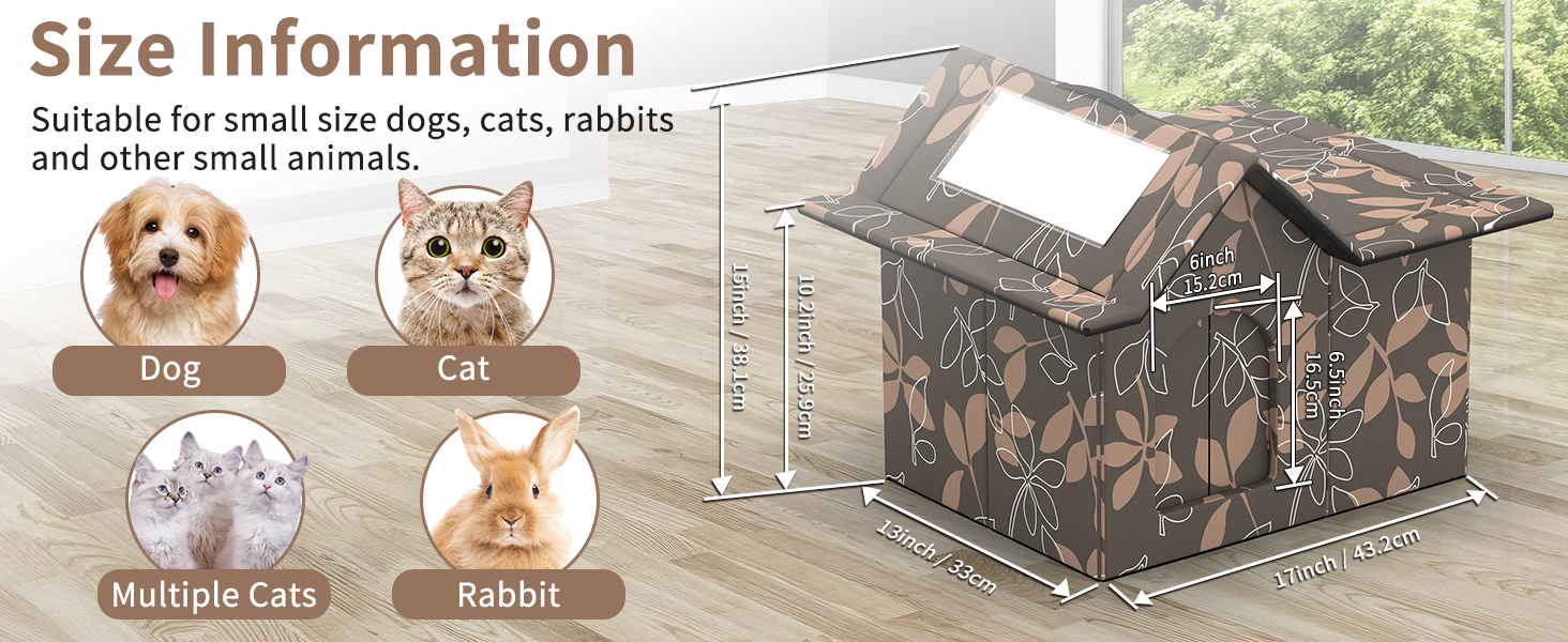 Кіт-будинок для вулиці, зимостійкий, знімні подушки, захист від холоду для котів, легко збирається, зелений (коричневий), 33 x 38 x 43 см