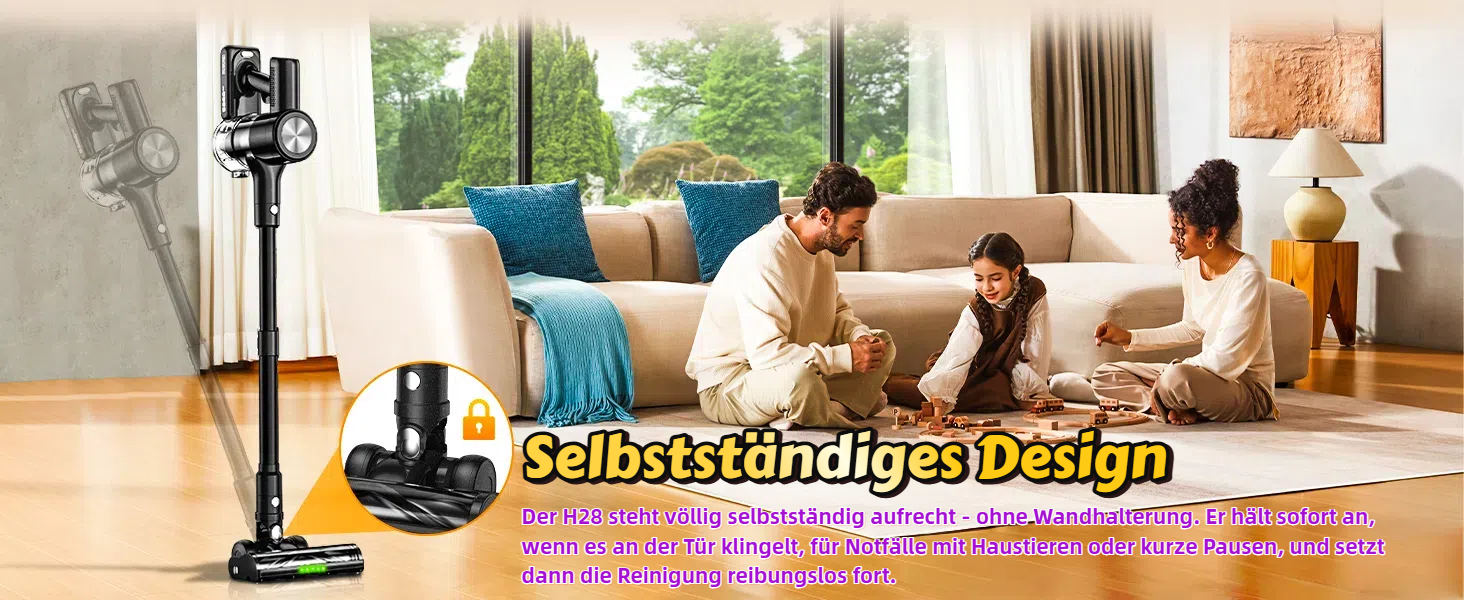 Бездротовий акумуляторний пилосос 48KPa/500W/55хв з LED-дисплеєм та станцією для зарядки, для прибирання шерсті тварин, килимів, твердих поверхонь та авто, чорний