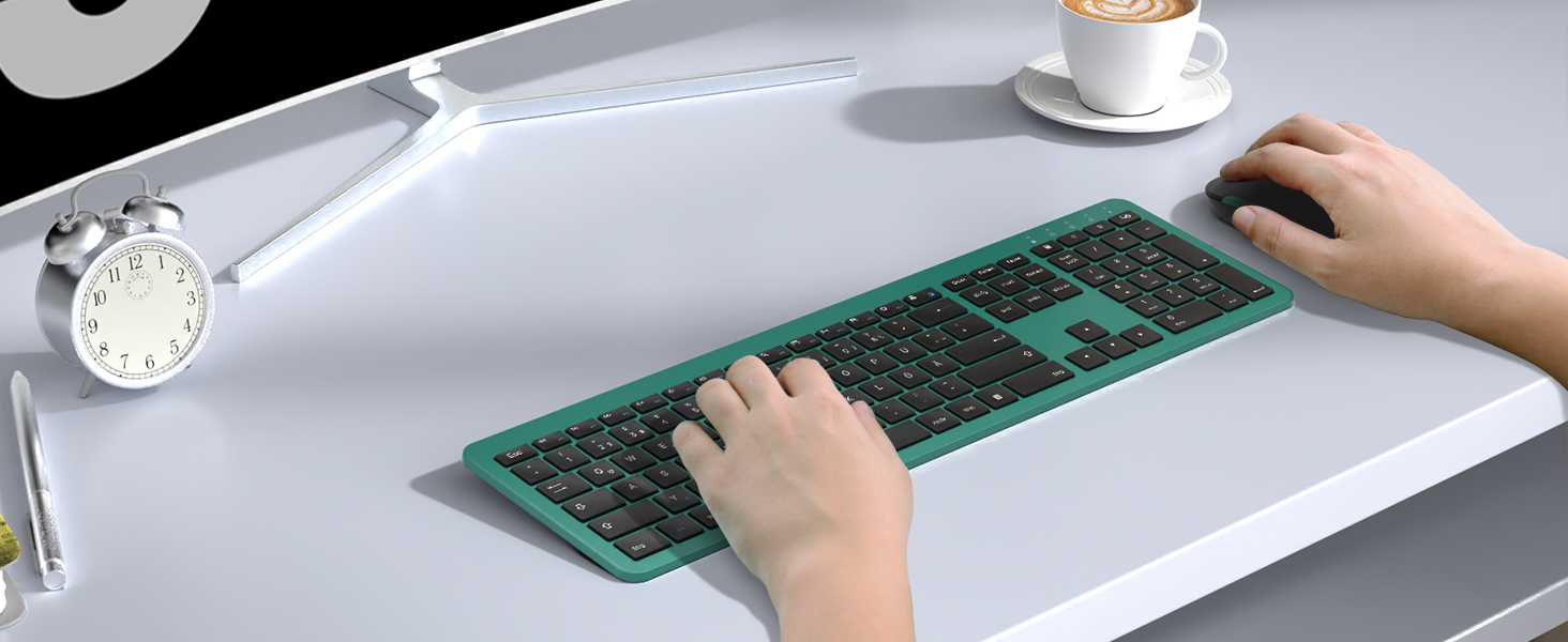 Бездротовий комплект клавіатури та миші Seenda SK38-3 Ultra-Dünne, Ergonomічна клавіатура з захистом від пилу, DE QWERTZ, чорний/зелений