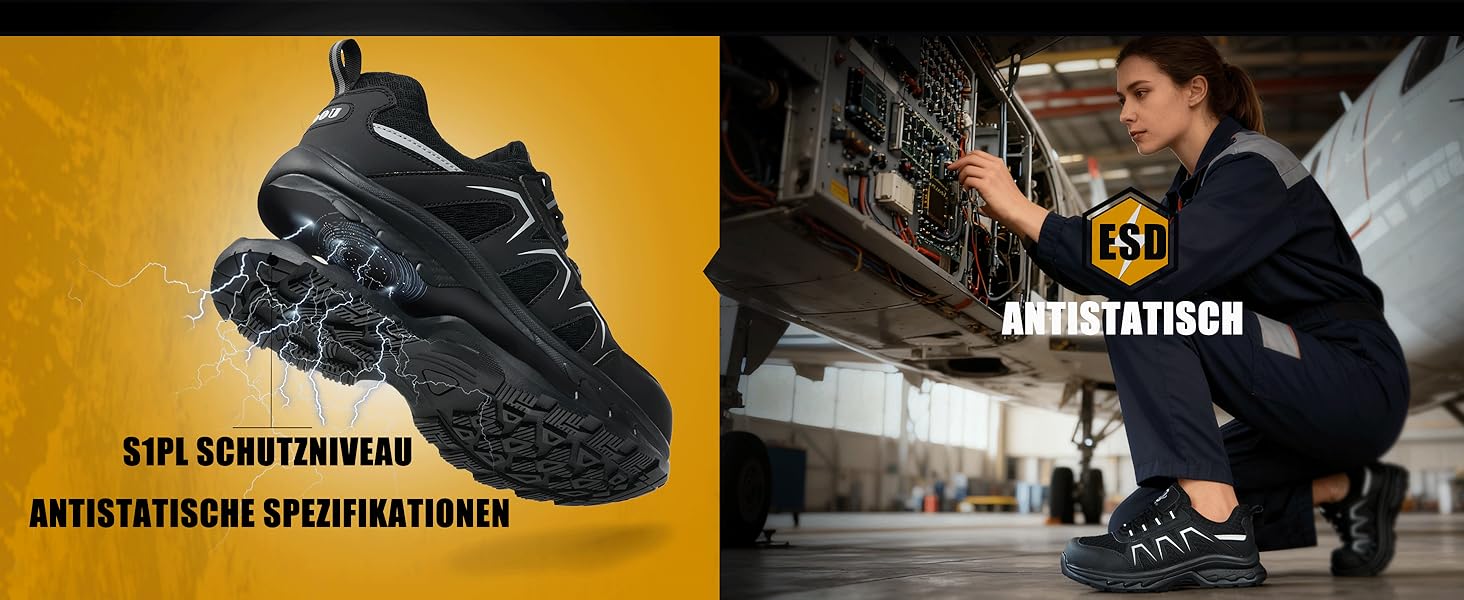 Черевики безпеки чоловічі/жіночі ESD Antistatisch SR, неслизькі робочі черевики з металевим підноском, легкі, дихаючі, комфортні, широка колодка, для промисловості та виробництва, 43 EU, чорні