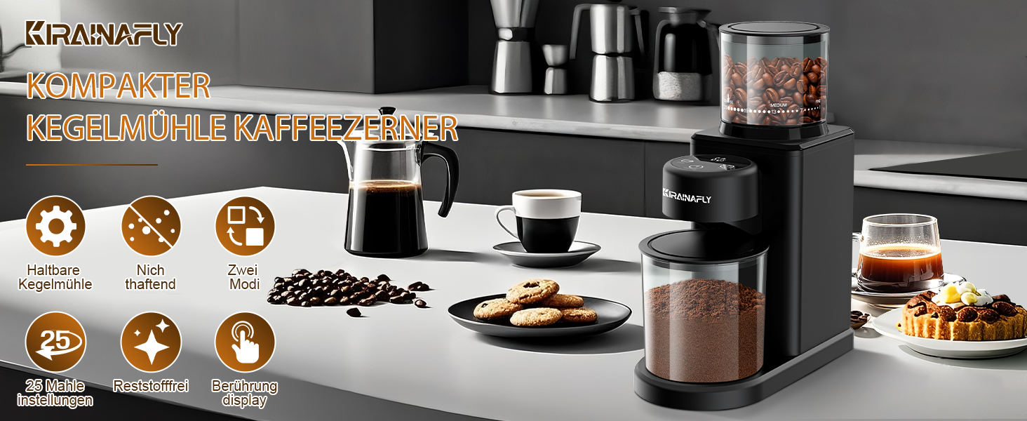 Електрична кавомолка з конічним жорнами – 25 ступенів помолу для еспресо, фільтр-кави, френч-прес, сенсорне управління, антистатична, чорна