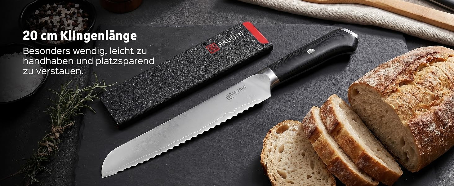 Універсальний кухонний ніж PAUDIN 20 см — професійний ніж для хліба, м'яса, овочів та фруктів із нержавіючої сталі та ергономічною дерев'яною ручкою