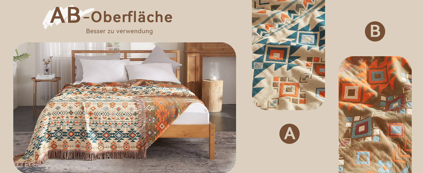 Плед Boho Softexly з 100% бавовни – двостороння муслінова ковдра 150x200 см, м'який плед на диван та покривало на ліжко, естетичний дизайн, ідеально для вітальні та спальні, помаранчево/блакитний (150 x 200 см, стиль модерн)