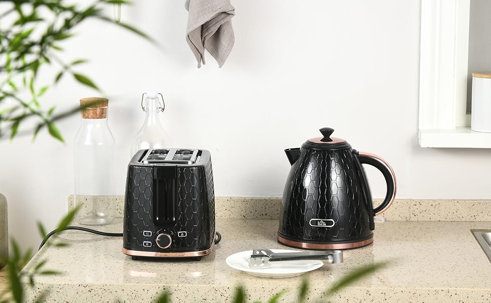 Набір чайник та тостер HOMCOM, 1.7л, 2200W, автоматичне вимкнення, 7 рівнів підсмажування, крихтозбірник, термостат, чорний
