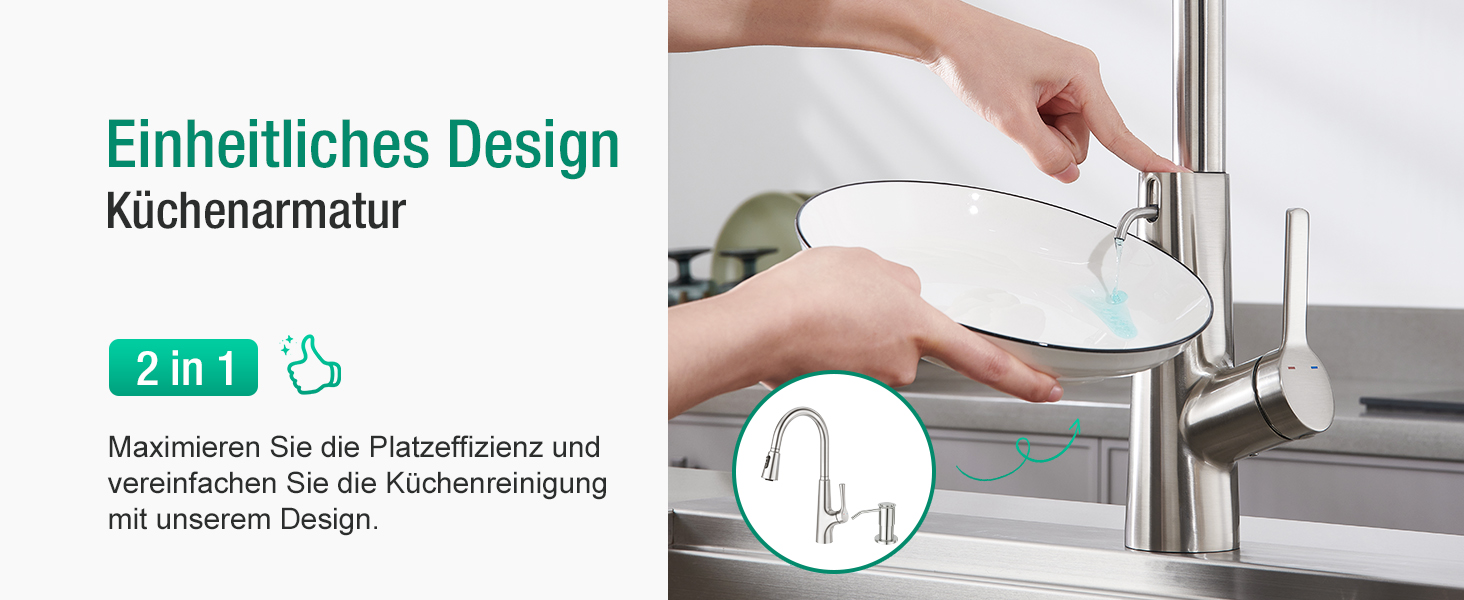 Кран кухонний CREA Wasserfall висувний з дозатором мила, нержавіюча сталь, 360° обертання, 4 режими, з душем
