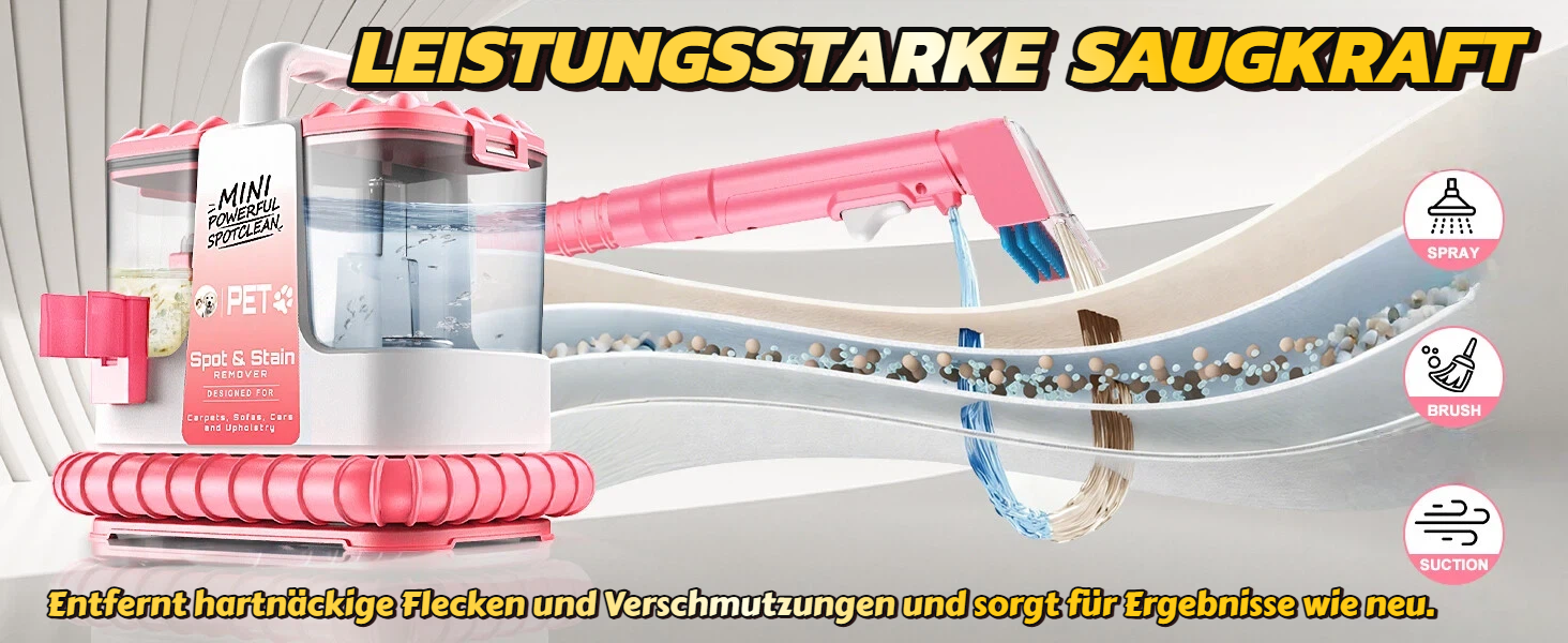 Портативний мийник для м'яких меблів 600W, 16Kpa, з розчином 500мл та 5 насадками. Для диванів, килимів, авто та сходин. Легкий та компактний, рожевий колір
