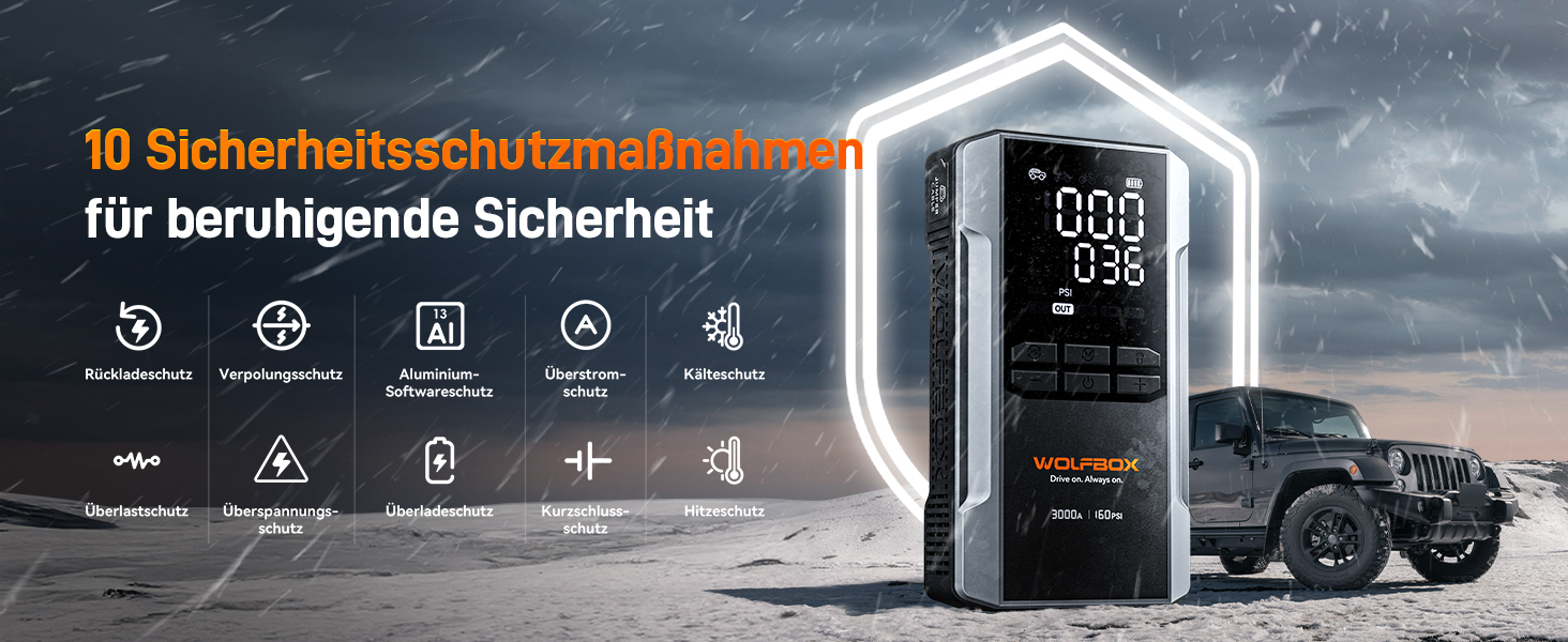 WOLFBOX 4000A Пускозарядний пристрій з компресором 160PSI, 12V, 65W, 88.8Wh, для бензинових/дизельних двигунів 10L, LED-ліхтар, кабелі, 4000A