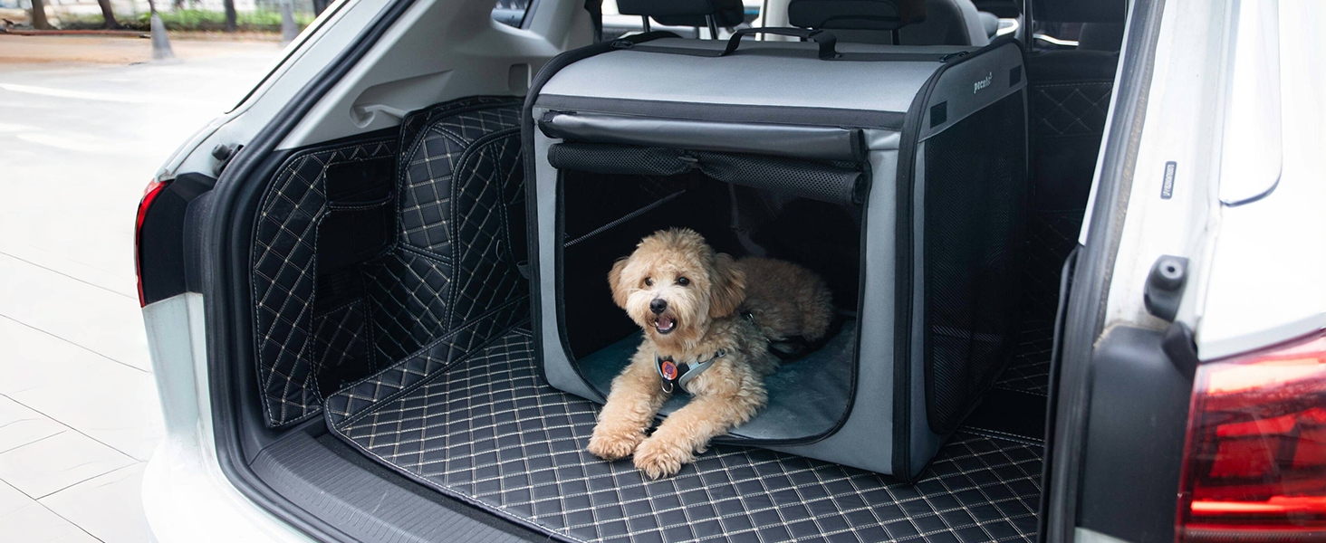 Транспортна переноска для собак Pecute, 61 x 52 x 45 см, сіра. Зручна, складана, з вентиляцією та ролетним віконцем. Ідеально для подорожей автомобілем.