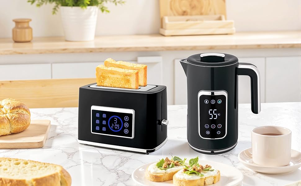 Набір для сніданку HOMCOM: чайник 1.7л з нержавіючої сталі та тостер на 2 тости з 6 рівнями підсмажування, LED-сенсорна панель, 2200W, функція розморожування, підігріву, зйомний піддон для крихт, кремово-білий (чорний)