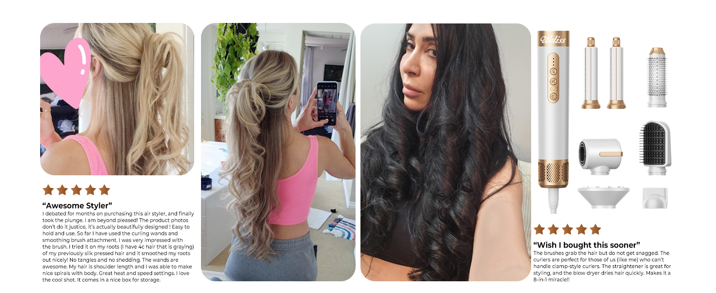 UKLISS Airstyler Pro 7-в-1: Фен, стайлер, завикучувач. Професійний набір для волосся з автоматичною завивкою, брашінгом та випрямленням. Зменшення пухнастості, без екстремального нагріву. Білий, золотий