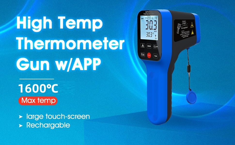 Інфрачервоний термометр AIOMEST з логуванням даних через APP, промисловий IR пірометр 1600°C | Оптика 30:1 з подвійним лазером | Температурна пістолета для вимірювання температури для HVAC, промислових печей, кузень та піци | Bluetooth-з'єднання