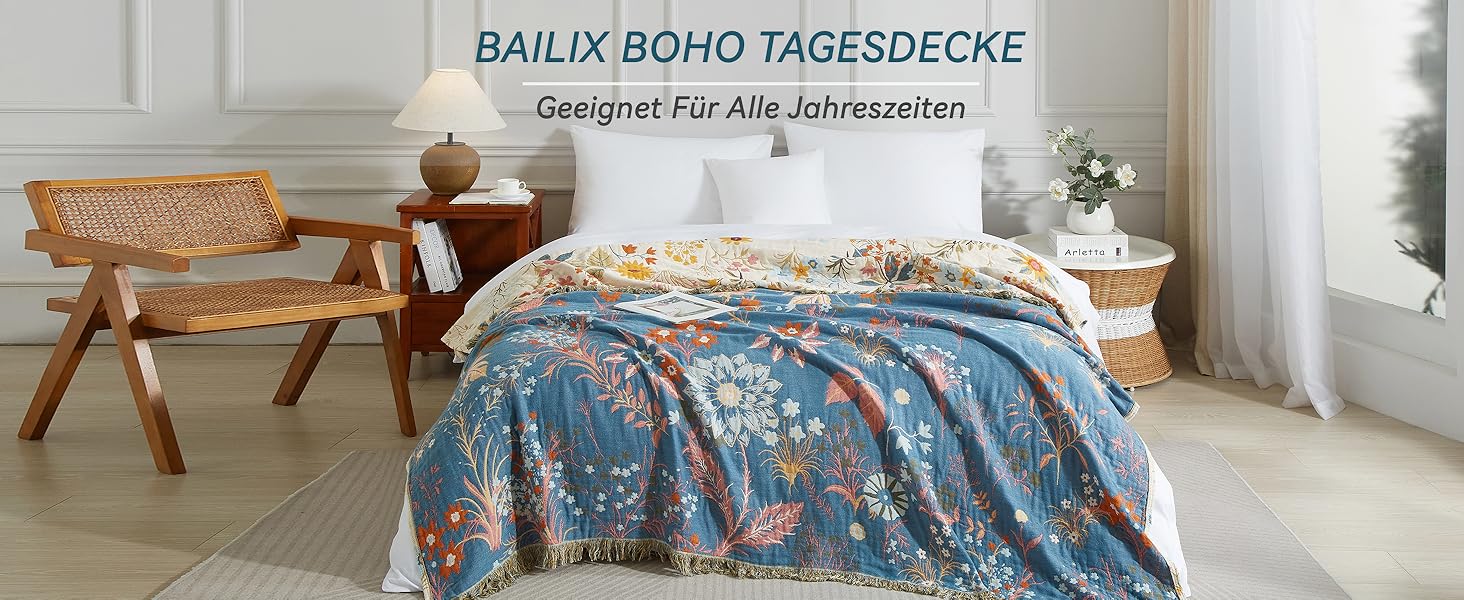 Богемна ковдра Boho 100% бавовна, м'яка ковдра з мусліну, плед 150x200 см, ковдра на диван та ліжко, декоративна ковдра, літня ковдра для вітальні, зелено-бежева (200 x 230 см, квітковий сад)