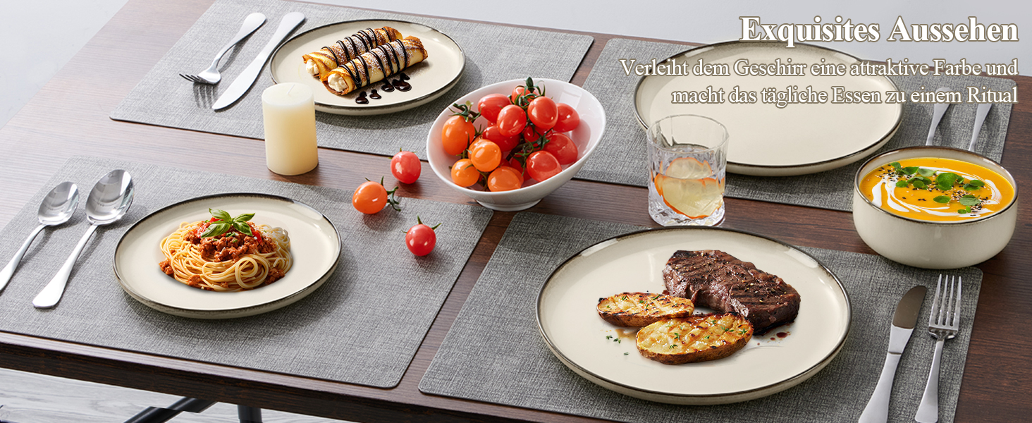 Сервіз посуду Joyfair на 6 осіб, 18 предметів, кераміка, з реактивною глазурью, тарілки для їжі, десертні тарілки, миски для каші, підходить для мікрохвильової печі та посудомийної машини, (Riff Khaki)