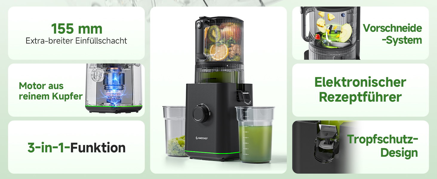 Центрифужна соковижималка AMZCHEF 600W з широким завантажувальним отвором 155 мм для цілих овочів та фруктів, чорна