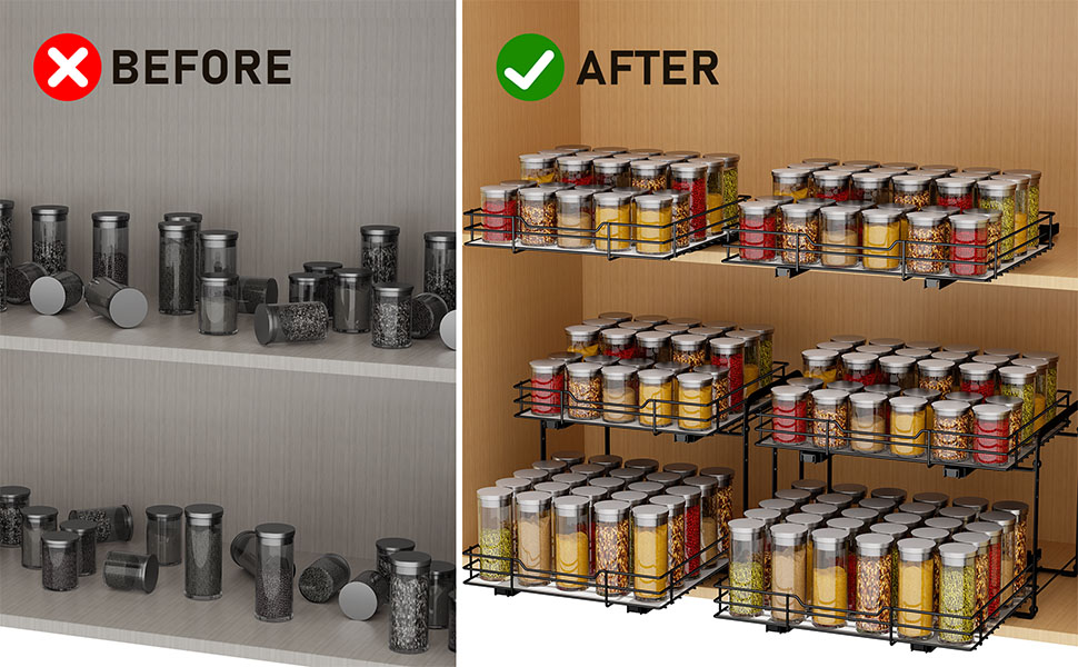 Pull-out Spice Rack, Cabinet Organizer for Kitchen, 2-Tier Spice Storage, Upper and lower baskets can be pulled out independently, Height adjustable for most kitchen cabinets