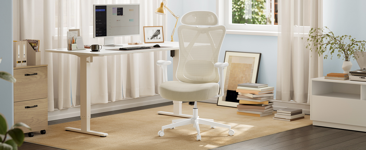 Офісний стілець SONGMICS з регульованою поперековою підтримкою та підголівником, сітчаста спинка, максимальне навантаження 150 кг, регульована висота, колір пісочний (OBN063B01)