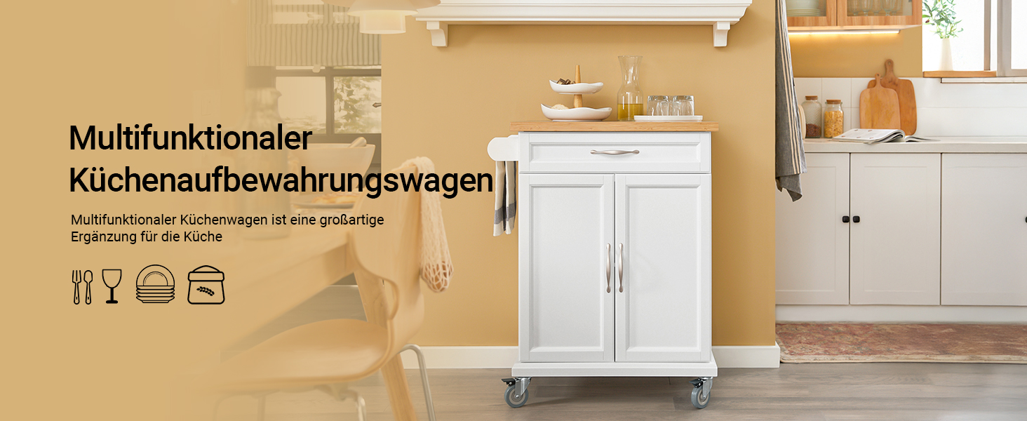 SoBuy Kitchen Trolley with Wheels - Kitchen Island with Countertop, Rolling Cart