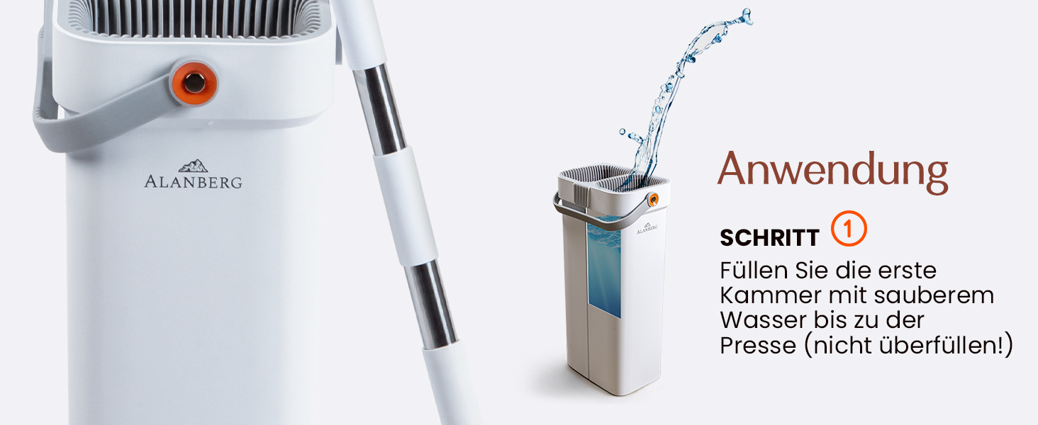 Набір для миття підлоги XL з відром, 2-камерна система, телескопічна ручка 143-181 см, плоский моп 40 см, самовіджимання з видаленням шерсті тварин та 2 мікрофібровими накладками, білий – ALANBERG®