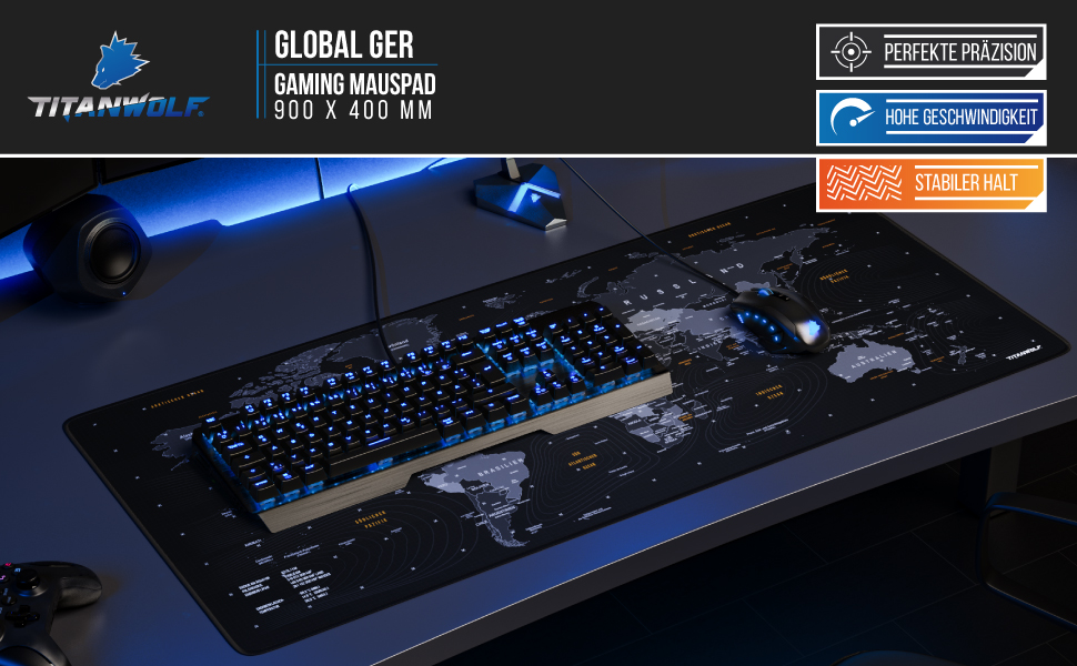 Килимок для миші TITANWOLF XXL Gaming з картою світу, 900x400x3 мм, чорний