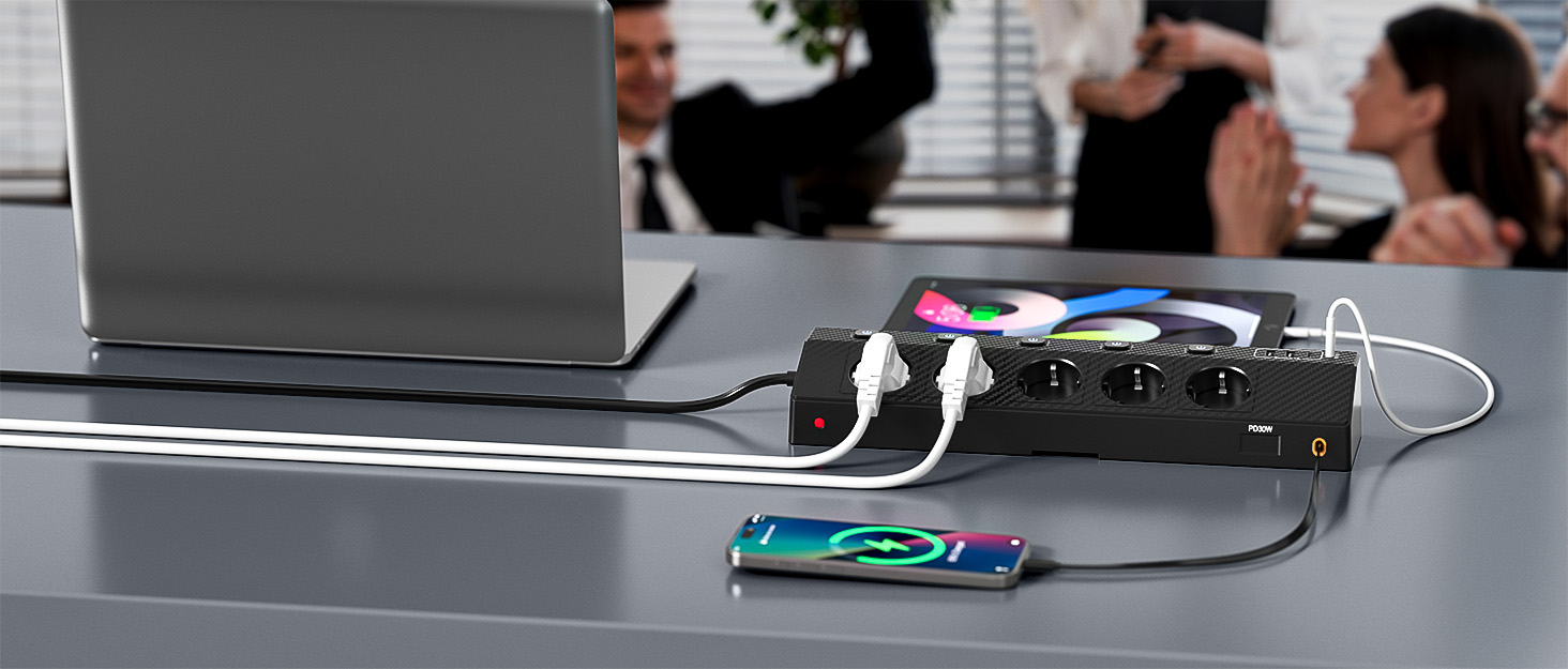 Настільний мережевий фільтр з 5 розетками та 2 USB-C (PD 30W), подовжувач з вимикачем, 4000W, кабель 2м, чорний