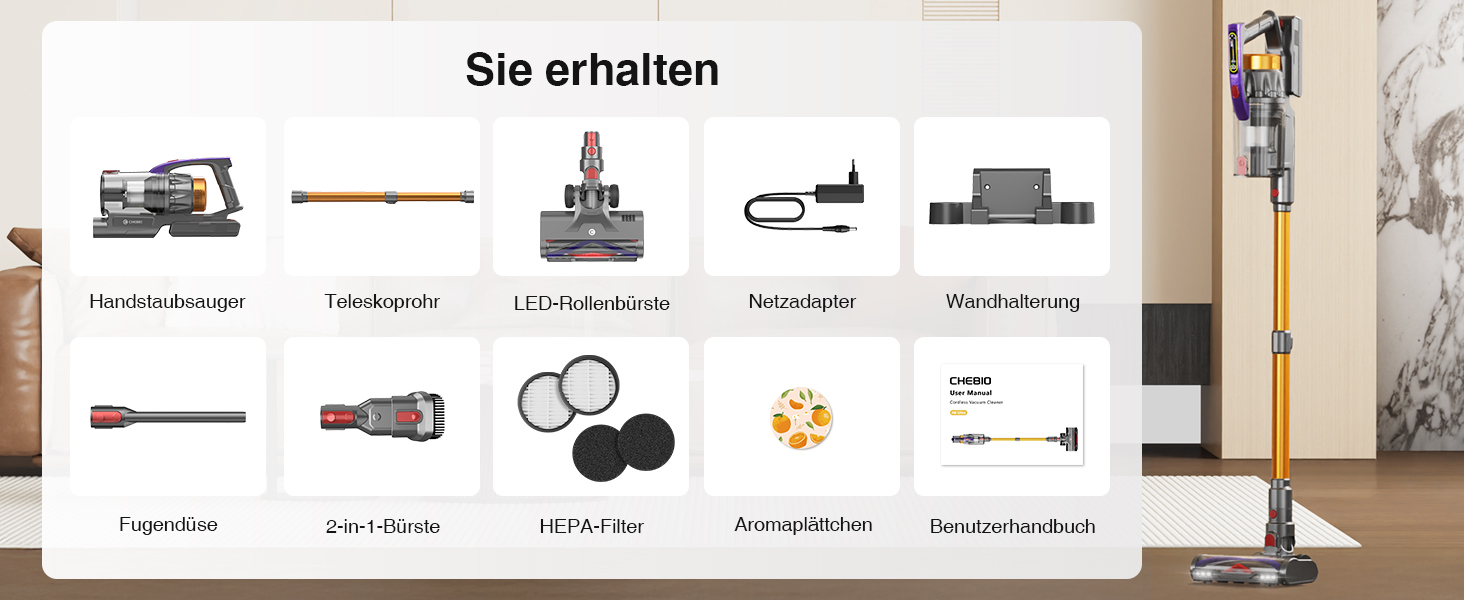 Бездротовий акумуляторний пилосос CHEBIO 580W з LED-дисплеєм, антизаплутувальною насадкою та потужністю 48000Pa. Підходить для прибирання підлоги, килима та шерсті тварин.
