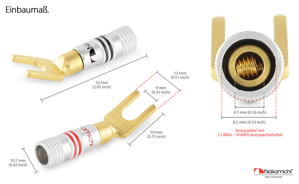 Позолочені бананові роз'єми Nakamichi 24K для акустичних кабелів 12-18 AWG, 4 мм для підсилювачів, Hi-Fi ресиверів та домашніх кінотеатрів, 4 шт (2 пари)