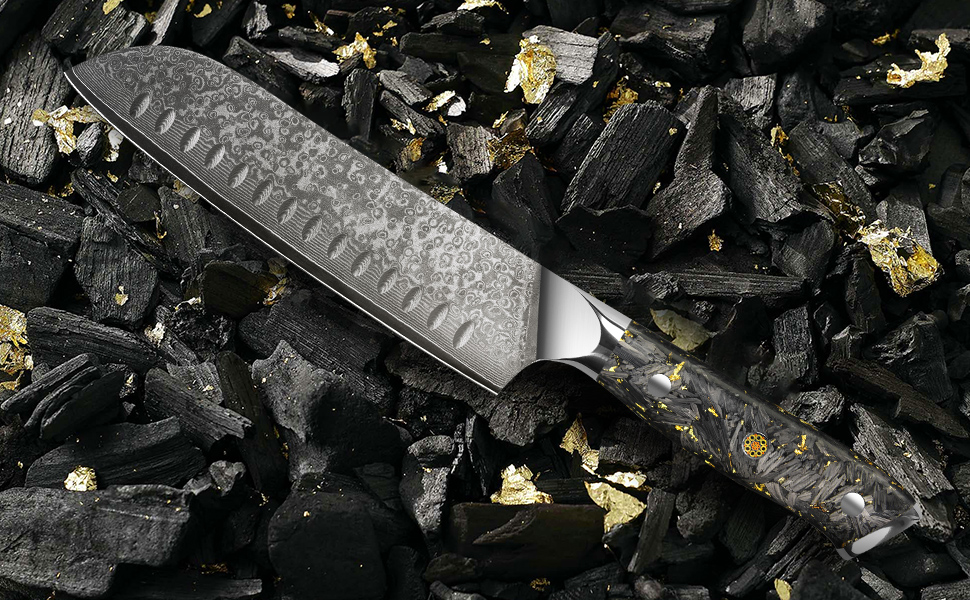 Японський ніж Santoku Kyushublade з дамаської сталі (67 шарів), з унікальною ручкою з карбону та золота, професійний кухонний ніж