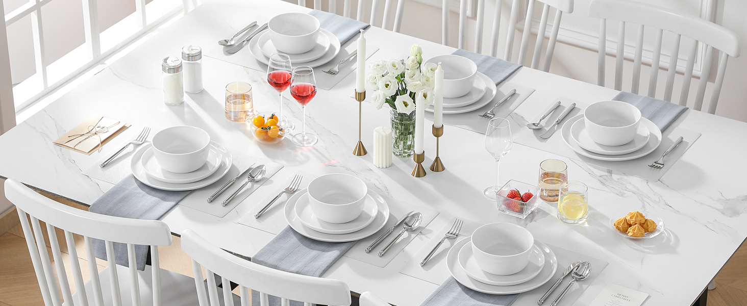 Набір посуду MALACASA LEXI 18 предметів: тарілки та миски, порцеляна, для 6 осіб, білий, сумісний з мийною машиною та мікрохвильовкою