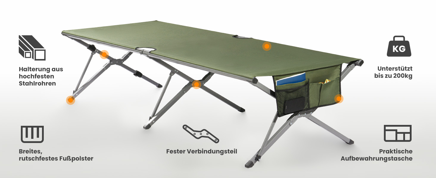 Розкладне ліжко для кемпінгу 210x80x60 см, стабільне, з кишенею, 200 кг, для відпочинку на природі, в саду, в подорожах, вдома (зелене)