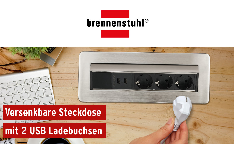 Вбудований подовжувач Brennenstuhl Indesk Power 3-полюсний з 2 USB-портами, кабель 2м, сріблястий/чорний